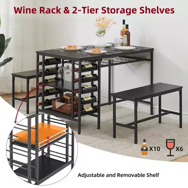 Ensemble de salle à manger 4 places, table de cuisine avec 2 bancs, casier à vin et étagère de rangement, ensemble de table de salle à manger rectangulaire, ensemble de salle à manger 3 pièces