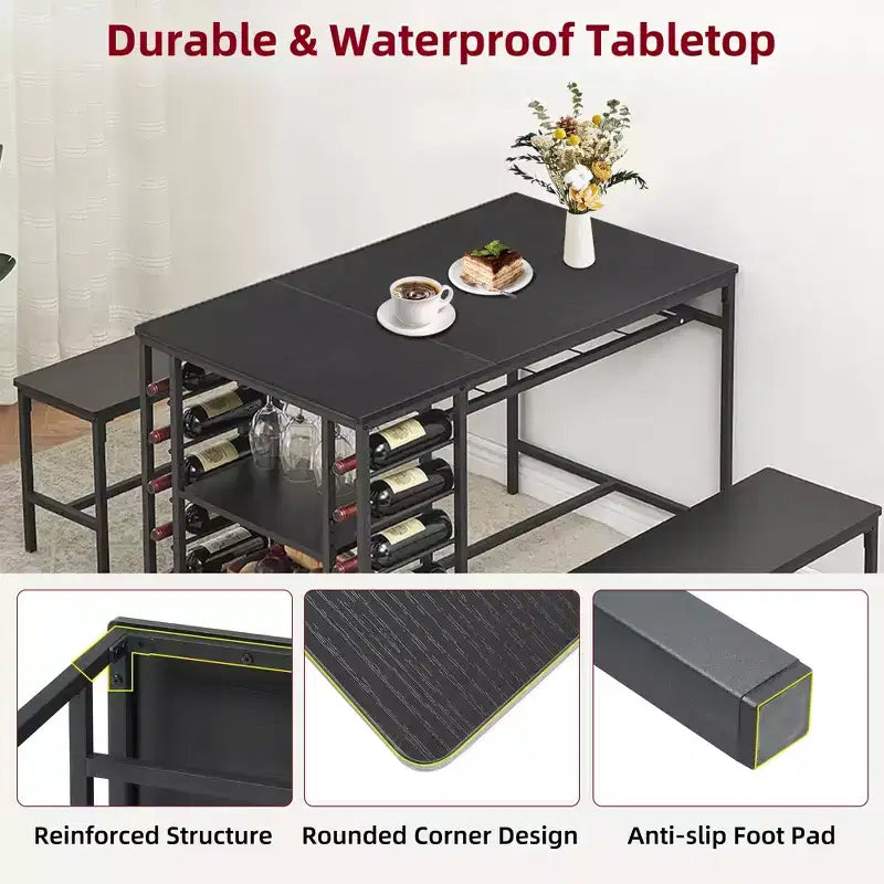 Ensemble de salle à manger 4 places, table de cuisine avec 2 bancs, casier à vin et étagère de rangement, ensemble de table de salle à manger rectangulaire, ensemble de salle à manger 3 pièces