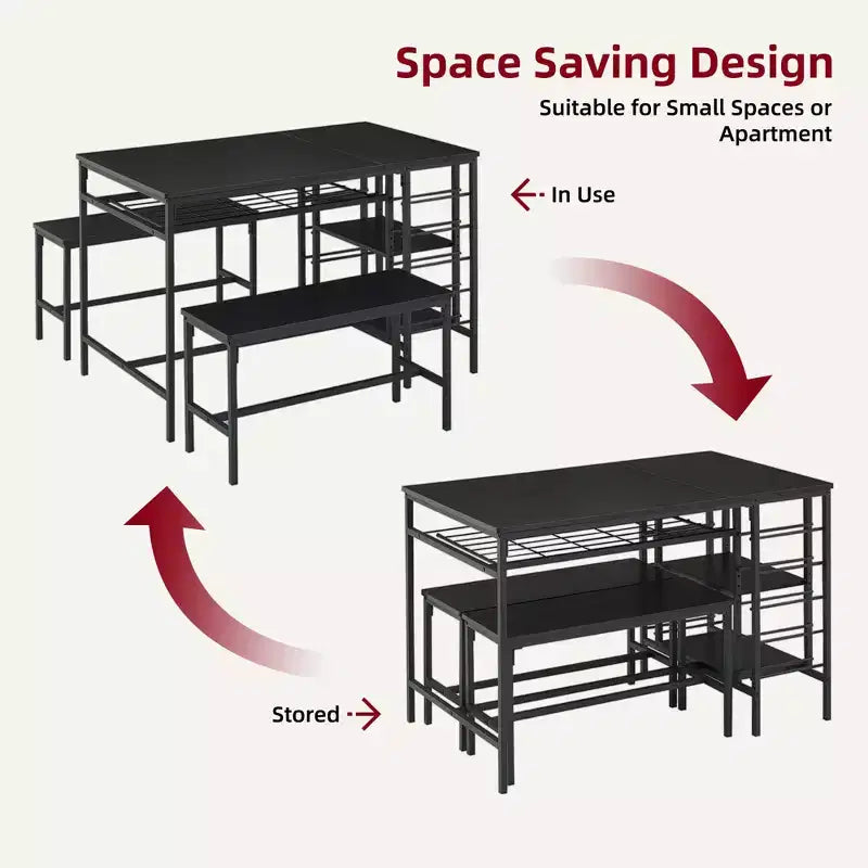 Ensemble de salle à manger 4 places, table de cuisine avec 2 bancs, casier à vin et étagère de rangement, ensemble de table de salle à manger rectangulaire, ensemble de salle à manger 3 pièces