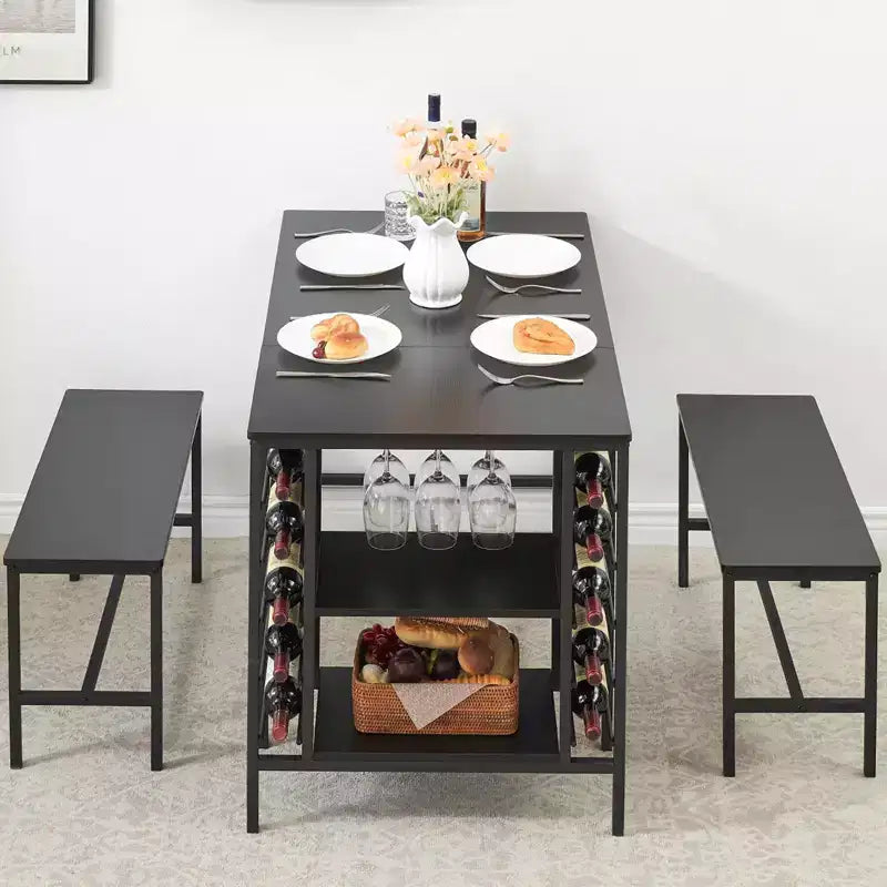 Ensemble de salle à manger 4 places, table de cuisine avec 2 bancs, casier à vin et étagère de rangement, ensemble de table de salle à manger rectangulaire, ensemble de salle à manger 3 pièces