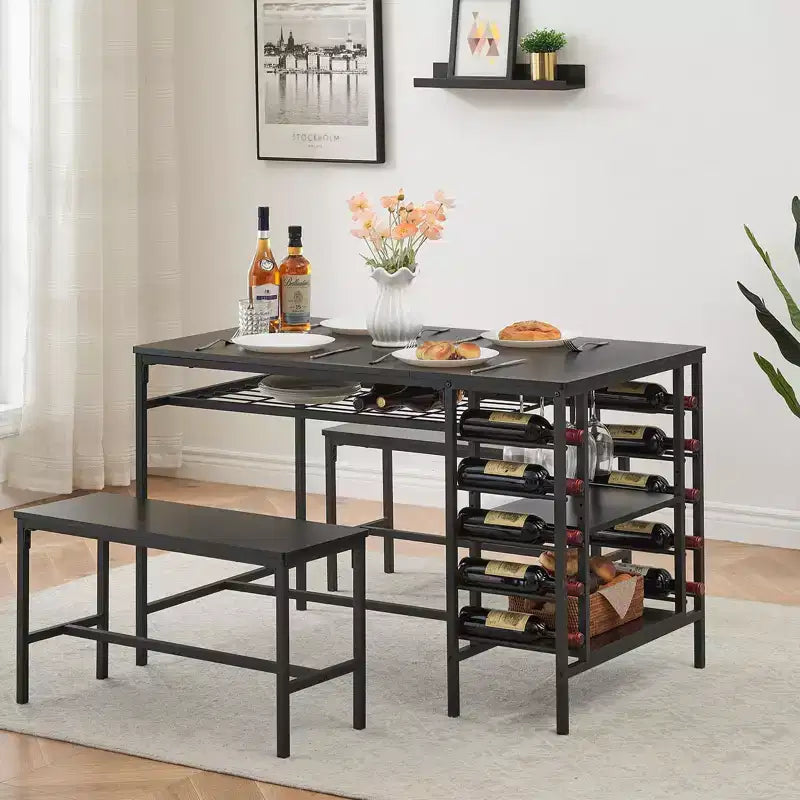 Ensemble de salle à manger 4 places, table de cuisine avec 2 bancs, casier à vin et étagère de rangement, ensemble de table de salle à manger rectangulaire, ensemble de salle à manger 3 pièces