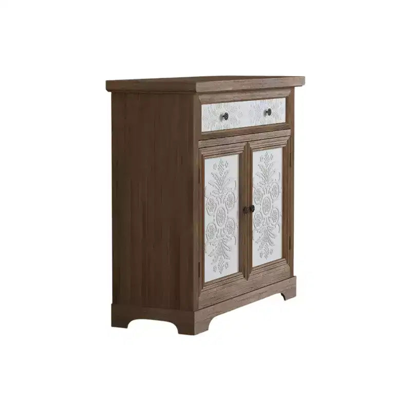Meuble d'appoint rustique style ferme avec portes sculptées florales, 1 tiroir et rangement double-porte pour salon ou entrée