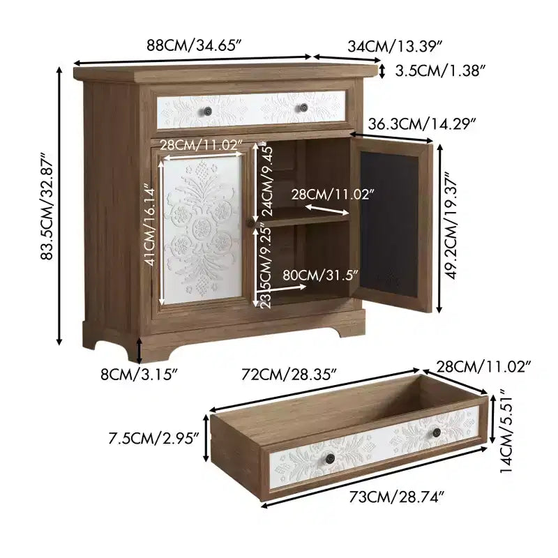 Meuble d'appoint rustique style ferme avec portes sculptées florales, 1 tiroir et rangement double-porte pour salon ou entrée