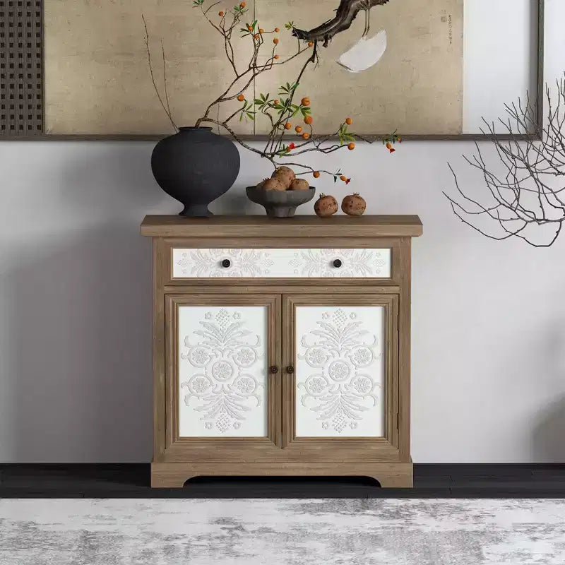Meuble d'appoint rustique style ferme avec portes sculptées florales, 1 tiroir et rangement double-porte pour salon ou entrée