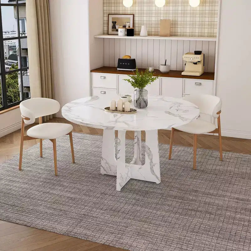 47 Round Dining Table for 4 Farmhouse MDF Table with Marble White Finish 300lb Capacity Easy Assembly for Dining Room Kitchen Living Room