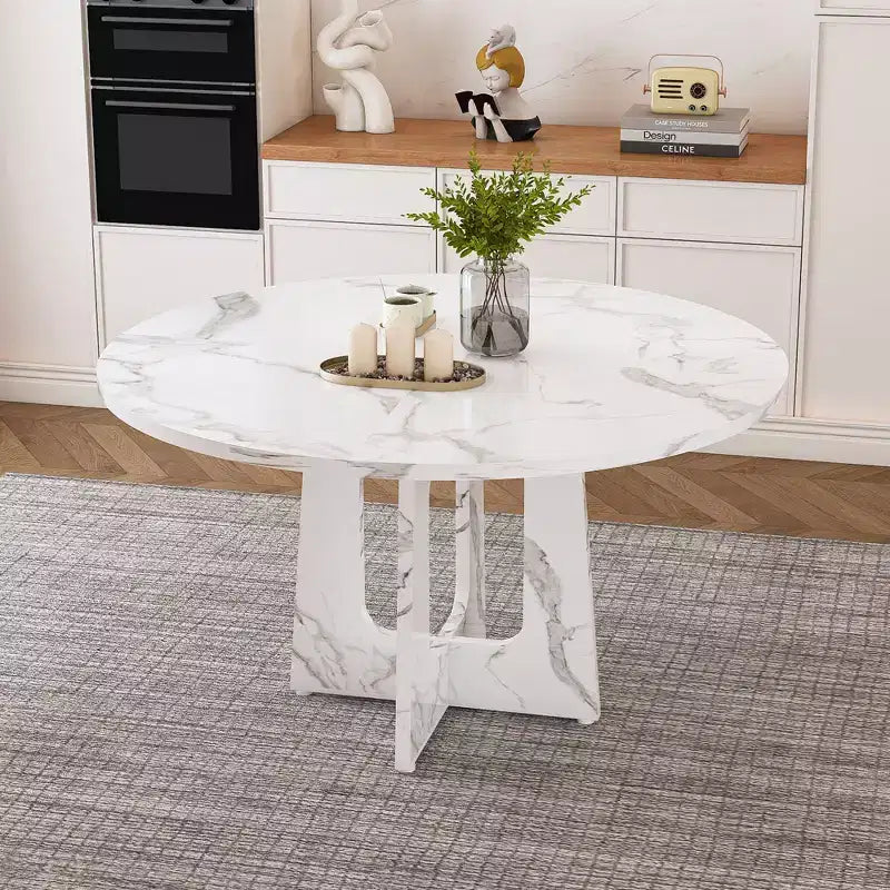 Table à manger ronde de 47 pouces pour 4 personnes, table de ferme en MDF avec finition marbre blanc, capacité de 300 lb, assemblage facile pour salle à manger, cuisine, salon