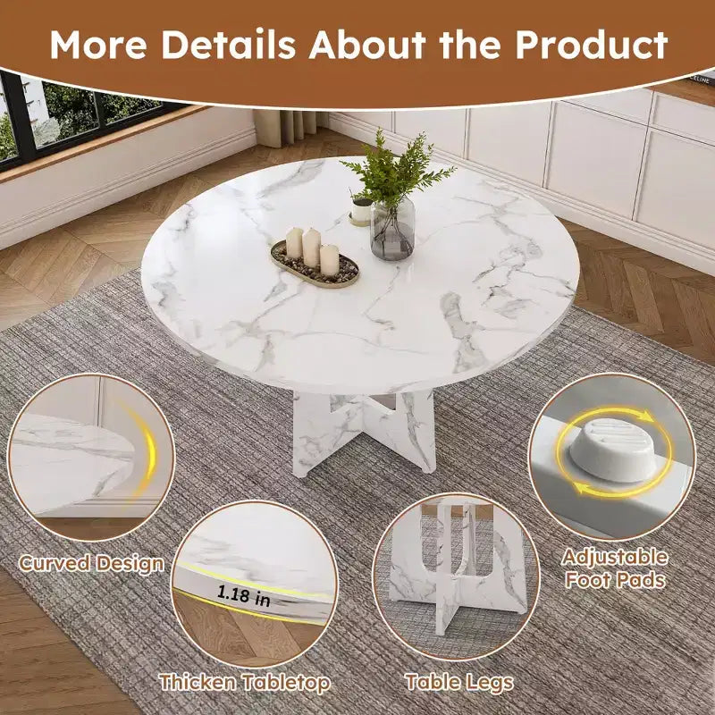 Table à manger ronde de 47 pouces pour 4 personnes, table de ferme en MDF avec finition marbre blanc, capacité de 300 lb, assemblage facile pour salle à manger, cuisine, salon