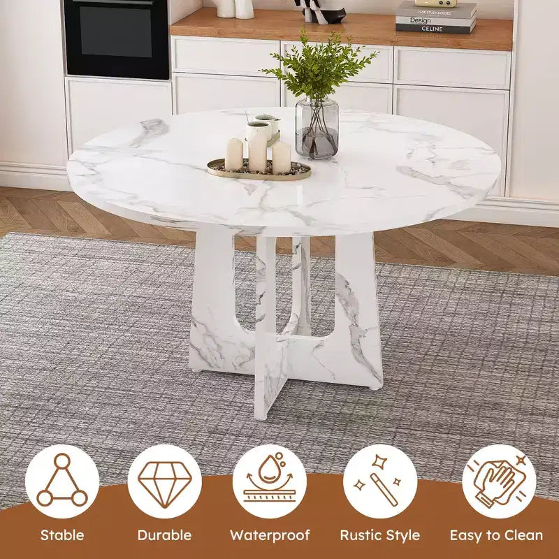 Table à manger ronde de 47 pouces pour 4 personnes, table de ferme en MDF avec finition marbre blanc, capacité de 300 lb, assemblage facile pour salle à manger, cuisine, salon