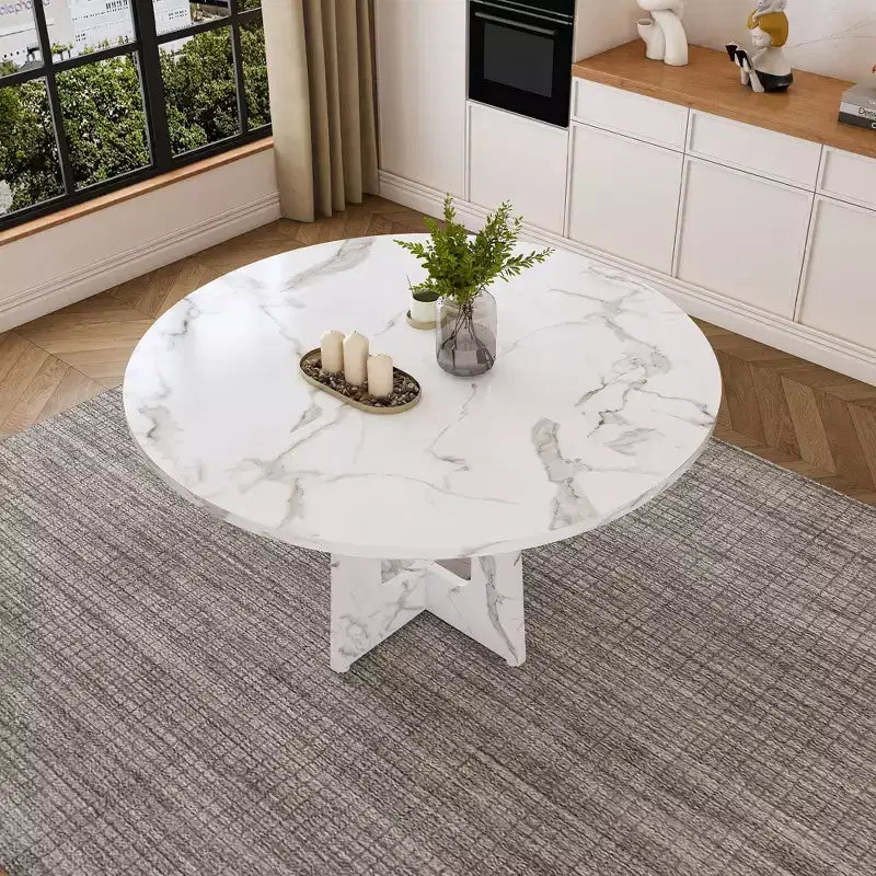 Table à manger ronde de 47 pouces pour 4 personnes, table de ferme en MDF avec finition marbre blanc, capacité de 300 lb, assemblage facile pour salle à manger, cuisine, salon