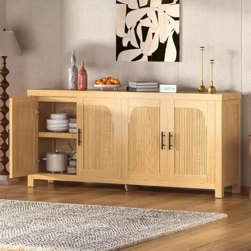Buffet de salle à manger 71 po avec 4 portes, buffet crédence cannelé avec gestion des câbles et étagères réglables, buffet de cuisine
