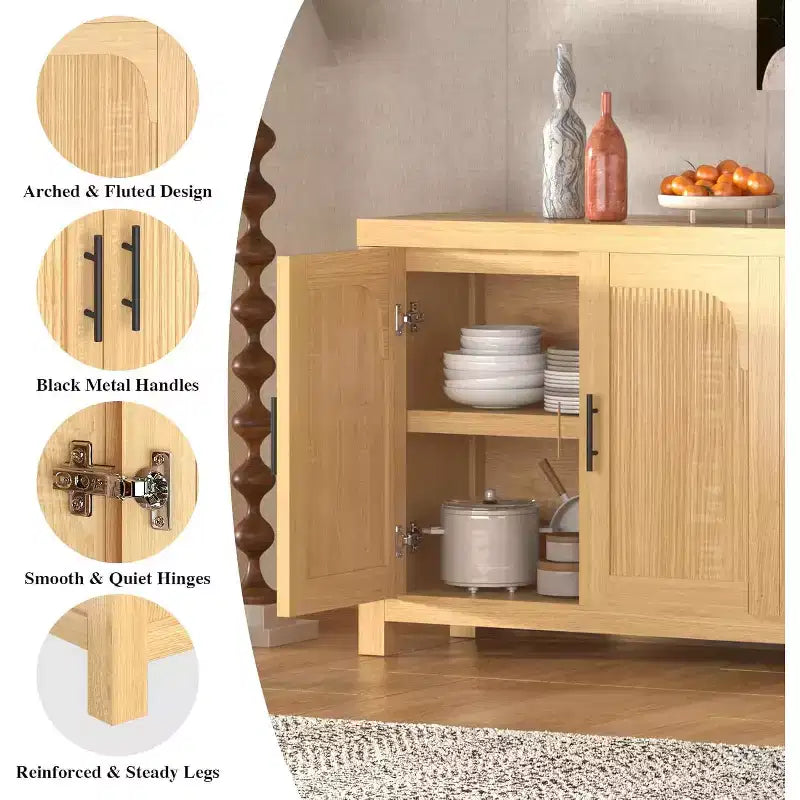 Buffet de salle à manger 71 po avec 4 portes, buffet crédence cannelé avec gestion des câbles et étagères réglables, buffet de cuisine