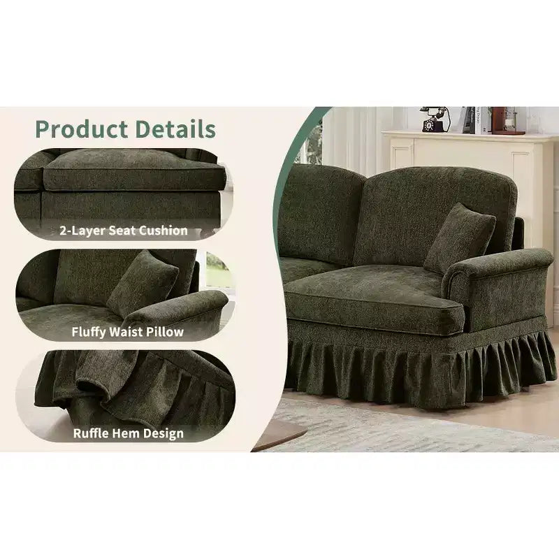 MooxvMoo Canapé d'angle en chenille 107 po de style Mid-century avec ourlet à volants amovible, canapé en U avec coussins décoratifs et 2 poufs, vert