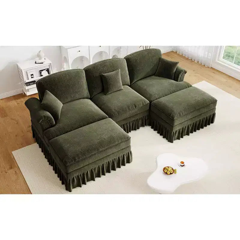 MooxvMoo Canapé d'angle en chenille 107 po de style Mid-century avec ourlet à volants amovible, canapé en U avec coussins décoratifs et 2 poufs, vert