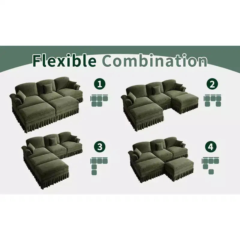 MooxvMoo Canapé d'angle en chenille 107 po de style Mid-century avec ourlet à volants amovible, canapé en U avec coussins décoratifs et 2 poufs, vert