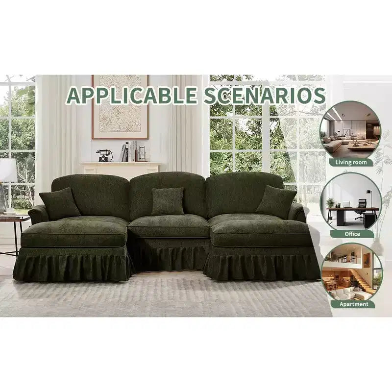 MooxvMoo Canapé d'angle en chenille 107 po de style Mid-century avec ourlet à volants amovible, canapé en U avec coussins décoratifs et 2 poufs, vert