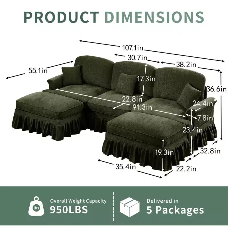 MooxvMoo Canapé d'angle en chenille 107 po de style Mid-century avec ourlet à volants amovible, canapé en U avec coussins décoratifs et 2 poufs, vert