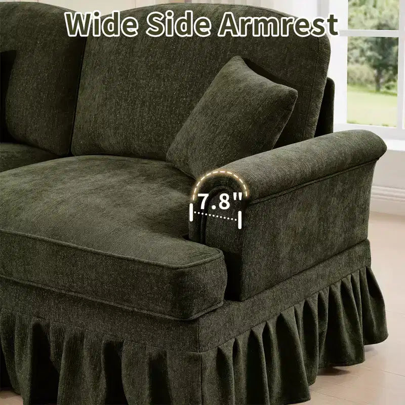 MooxvMoo Canapé d'angle en chenille 107 po de style Mid-century avec ourlet à volants amovible, canapé en U avec coussins décoratifs et 2 poufs, vert