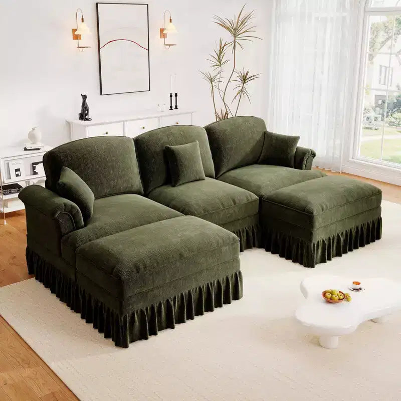 MooxvMoo Canapé d'angle en chenille 107 po de style Mid-century avec ourlet à volants amovible, canapé en U avec coussins décoratifs et 2 poufs, vert
