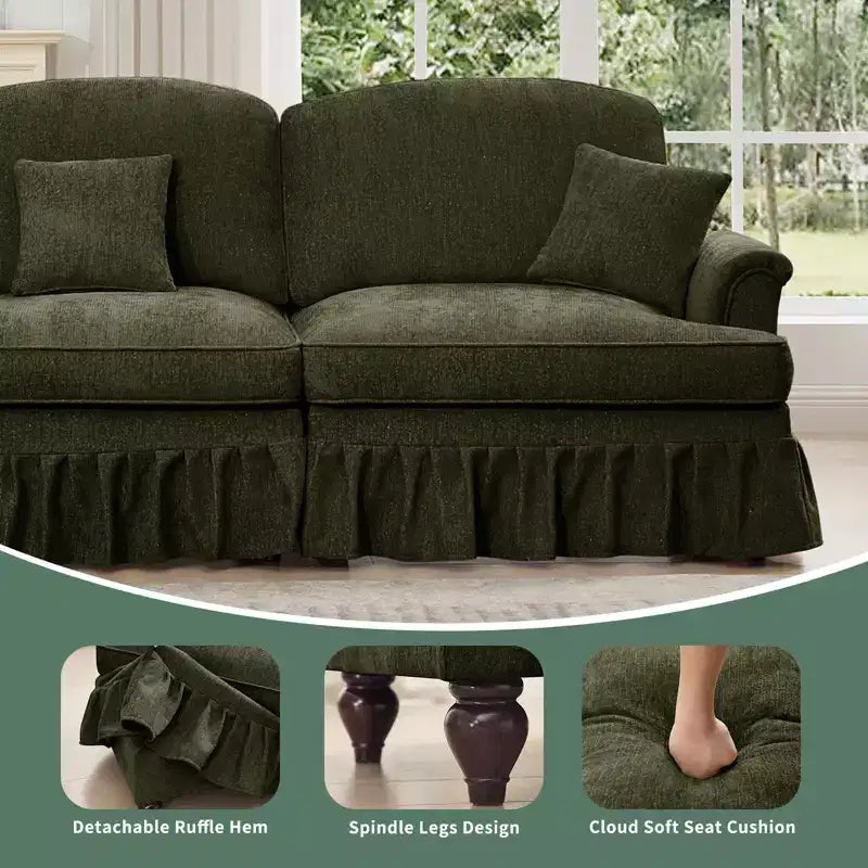 MooxvMoo Canapé d'angle en chenille 107 po de style Mid-century avec ourlet à volants amovible, canapé en U avec coussins décoratifs et 2 poufs, vert