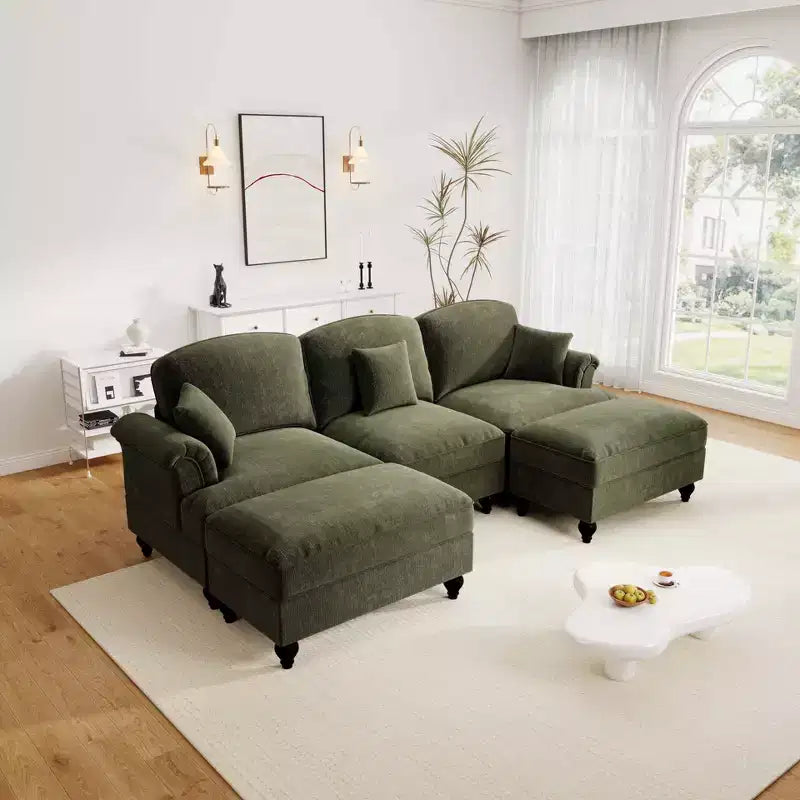MooxvMoo Canapé d'angle en chenille 107 po de style Mid-century avec ourlet à volants amovible, canapé en U avec coussins décoratifs et 2 poufs, vert