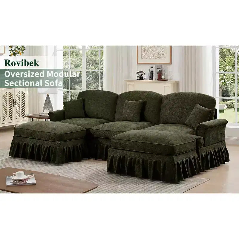 MooxvMoo Canapé d'angle en chenille 107 po de style Mid-century avec ourlet à volants amovible, canapé en U avec coussins décoratifs et 2 poufs, vert