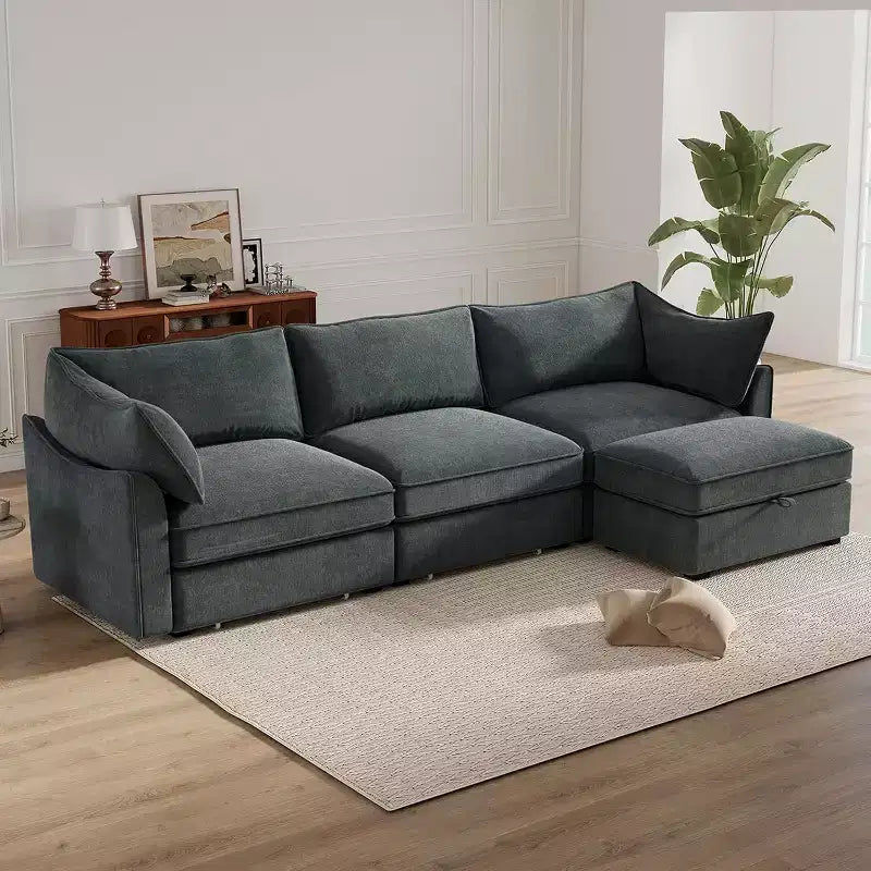 MooxvMoo 112in Chenille Sofas for Living Room, L Shaped Couch with Storage, Sectional Couch w/ Pull Out Drawer & Throw Pillows & Storage Ottoman, Gray