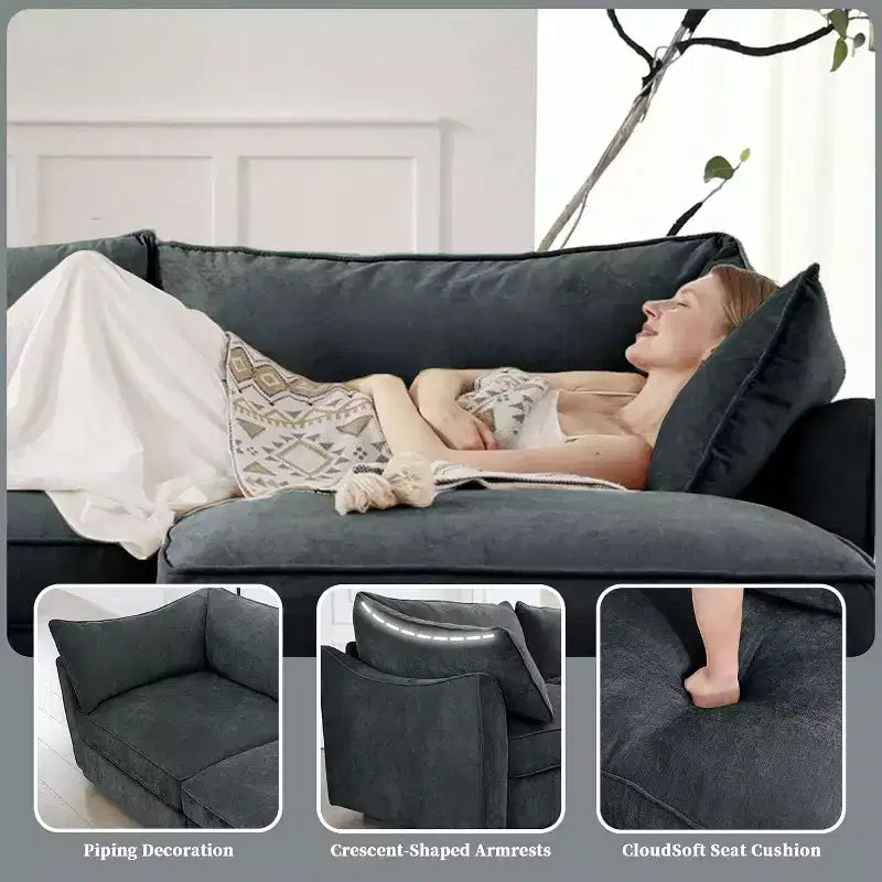 Canapés MooxvMoo 112 pouces en chenille pour salon, canapé d'angle avec rangement, canapé sectionnel avec tiroir coulissant et coussins décoratifs et pouf de rangement, gris