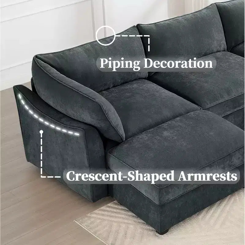 Canapés MooxvMoo 112 pouces en chenille pour salon, canapé d'angle avec rangement, canapé sectionnel avec tiroir coulissant et coussins décoratifs et pouf de rangement, gris