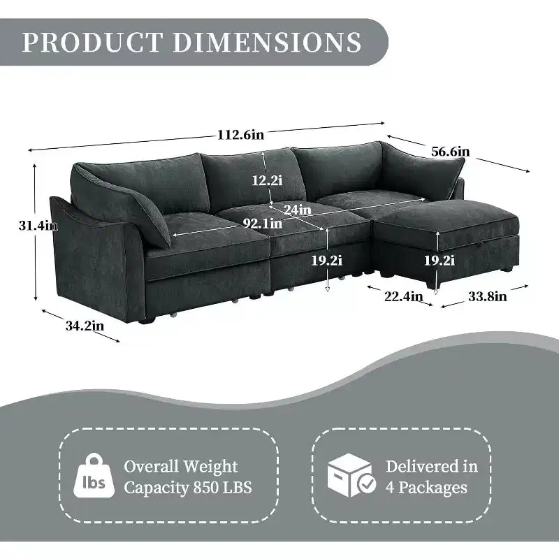 Canapés MooxvMoo 112 pouces en chenille pour salon, canapé d'angle avec rangement, canapé sectionnel avec tiroir coulissant et coussins décoratifs et pouf de rangement, gris