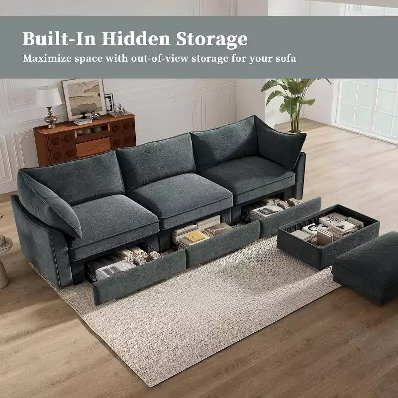 Canapés MooxvMoo 112 pouces en chenille pour salon, canapé d'angle avec rangement, canapé sectionnel avec tiroir coulissant et coussins décoratifs et pouf de rangement, gris