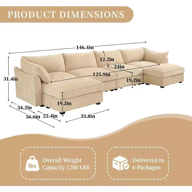 MooxvMoo Canapé d'angle en forme de U de 370 cm avec rangement, canapés en chenille pour salon, canapé modulable avec tiroir coulissant, oreillers décoratifs et pouf de rangement, couleur Blé