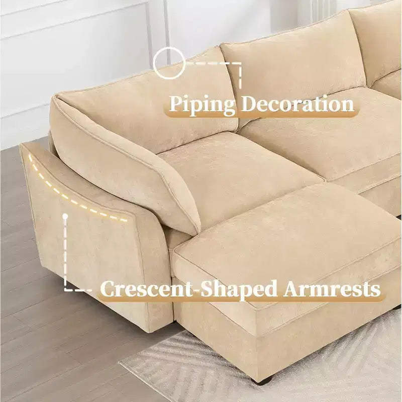 MooxvMoo Canapé d'angle en forme de U de 370 cm avec rangement, canapés en chenille pour salon, canapé modulable avec tiroir coulissant, oreillers décoratifs et pouf de rangement, couleur Blé