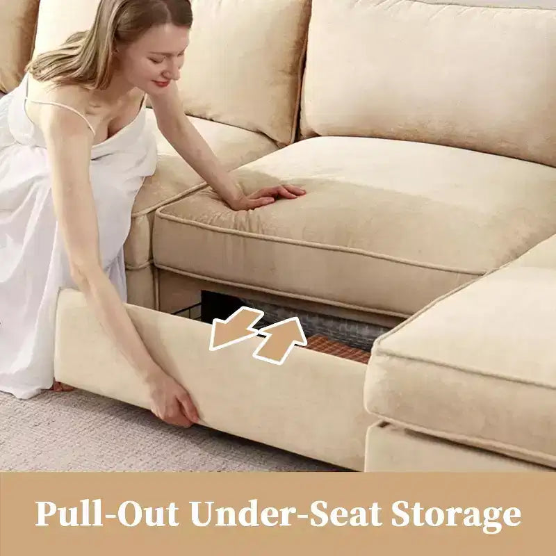 MooxvMoo Canapé d'angle en forme de U de 370 cm avec rangement, canapés en chenille pour salon, canapé modulable avec tiroir coulissant, oreillers décoratifs et pouf de rangement, couleur Blé