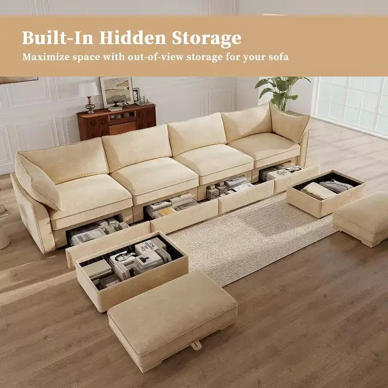 MooxvMoo Canapé d'angle en forme de U de 370 cm avec rangement, canapés en chenille pour salon, canapé modulable avec tiroir coulissant, oreillers décoratifs et pouf de rangement, couleur Blé
