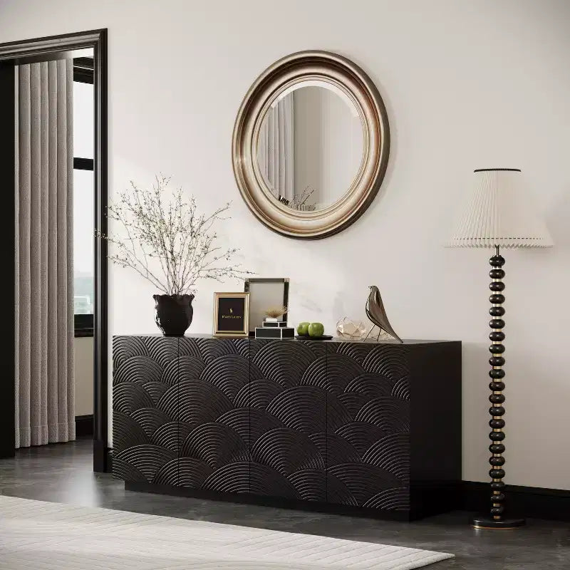 JVNOXK Buffet moderne à quatre portes de 150 cm, meuble de rangement rectangulaire avec dispositif anti-basculement indépendant, adapté aux cuisines, noir