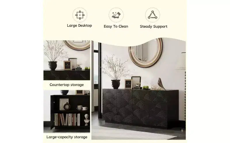 JVNOXK Buffet moderne à quatre portes de 150 cm, meuble de rangement rectangulaire avec dispositif anti-basculement indépendant, adapté aux cuisines, noir