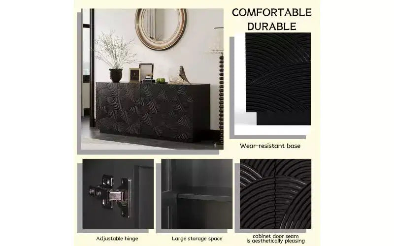 JVNOXK Buffet moderne à quatre portes de 150 cm, meuble de rangement rectangulaire avec dispositif anti-basculement indépendant, adapté aux cuisines, noir