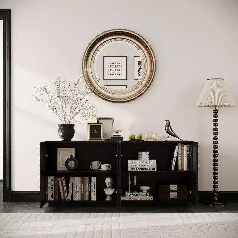 JVNOXK Buffet moderne à quatre portes de 150 cm, meuble de rangement rectangulaire avec dispositif anti-basculement indépendant, adapté aux cuisines, noir