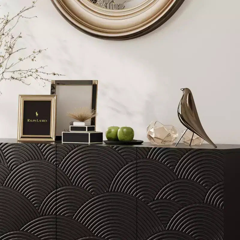 JVNOXK Buffet moderne à quatre portes de 150 cm, meuble de rangement rectangulaire avec dispositif anti-basculement indépendant, adapté aux cuisines, noir