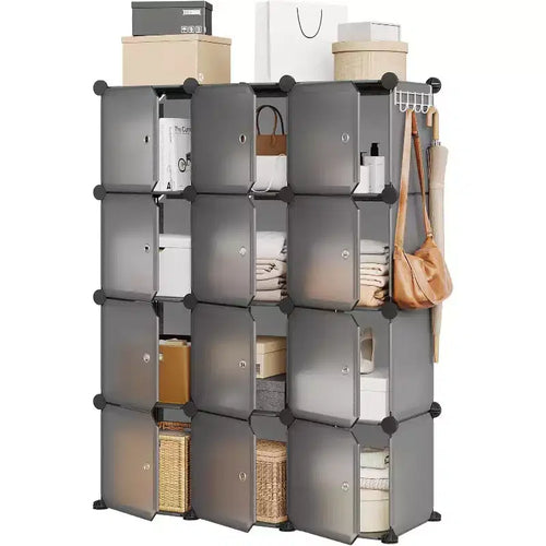 12 Cube Storage Organizer with Doors Modular Plastic Bookcase for Bedroom Living Room, Gray