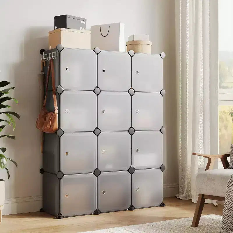 Organisateur de rangement 12 cubes avec portes, étagère modulaire en plastique pour chambre à coucher et salon, gris