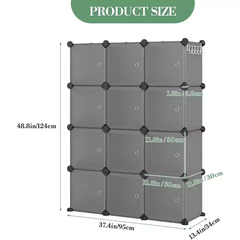 Organisateur de rangement 12 cubes avec portes, étagère modulaire en plastique pour chambre à coucher et salon, gris