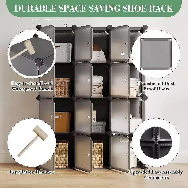 Organisateur de rangement 12 cubes avec portes, étagère modulaire en plastique pour chambre à coucher et salon, gris