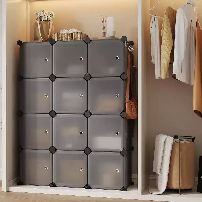 Organisateur de rangement 12 cubes avec portes, étagère modulaire en plastique pour chambre à coucher et salon, gris