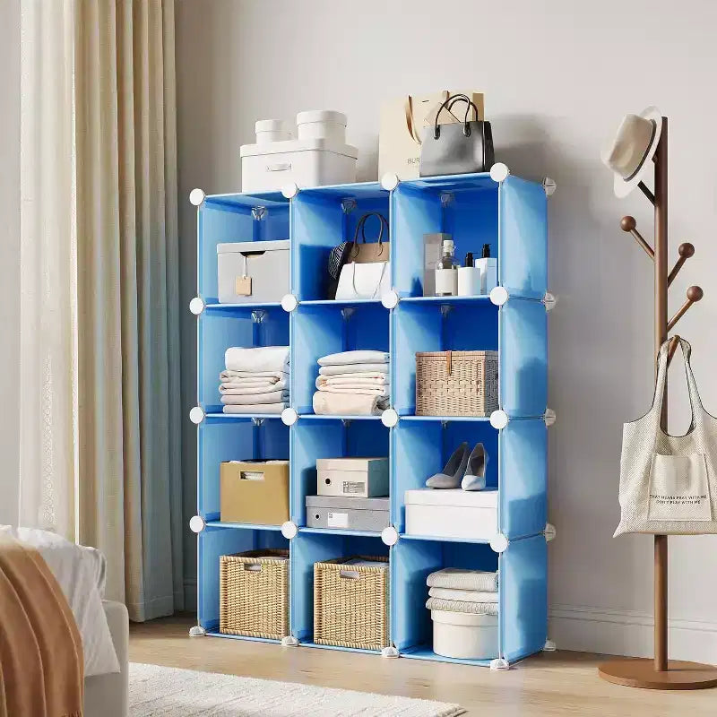Organisateur de rangement 12 cubes en PVC, meuble multifonctionnel empilable pour le bureau à domicile, bleu