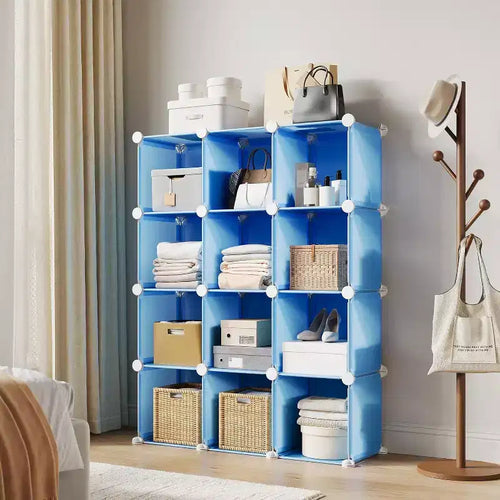 Organisateur de rangement 12 cubes en PVC, meuble multifonctionnel empilable pour le bureau à domicile, bleu