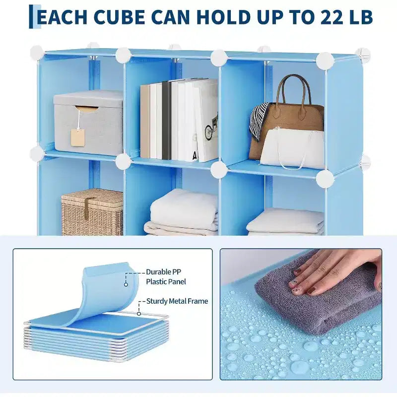 Organisateur de rangement 12 cubes en PVC, meuble multifonctionnel empilable pour le bureau à domicile, bleu