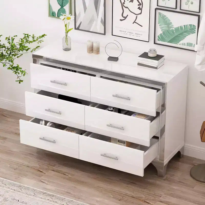 Commode MAYEERTY laquée brillante avec poignées métalliques, meuble de rangement miroir à 6 tiroirs pour chambre, blanc