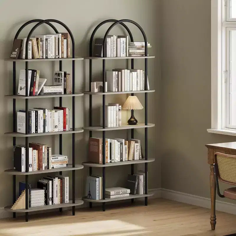 Lot de 2 bibliothèques à arcades noires et gris graphite 71 C, étagère à 5 niveaux avec cadre en métal pour salon/chambre/bureau