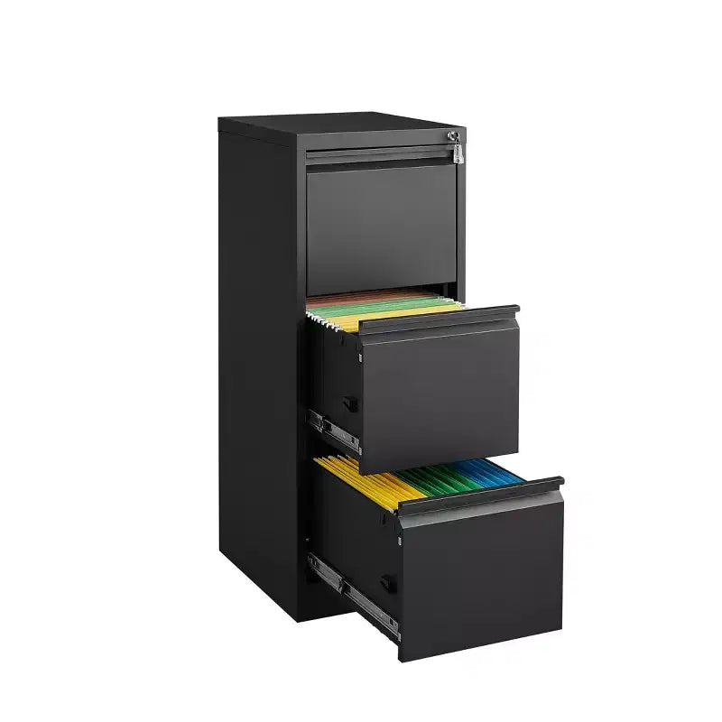 VIYET 41 Caisson de classement vertical à 3 tiroirs verrouillable, Armoire de rangement de bureau en métal noir (Anti-basculement pour dossiers format Lettre/A4/Légal)